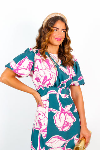Meet Me Outside - Forest Pink Floral Midi Dress