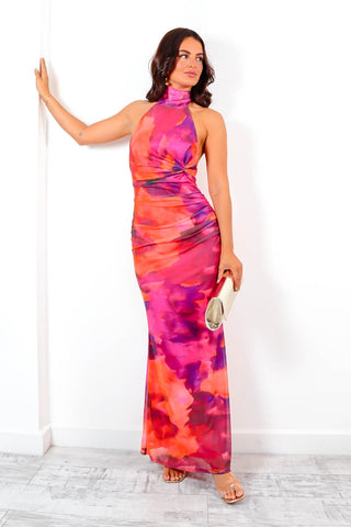 Mesh Your Match - Pink Orange Halter Neck Mesh Floral Maxi Dress