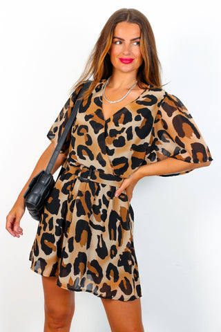 Mi Amore - Beige Leopard Print Belted Mini Dress
