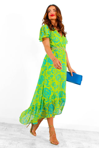 Missed Me? - Green Blue Floral Lurex Midi Dress