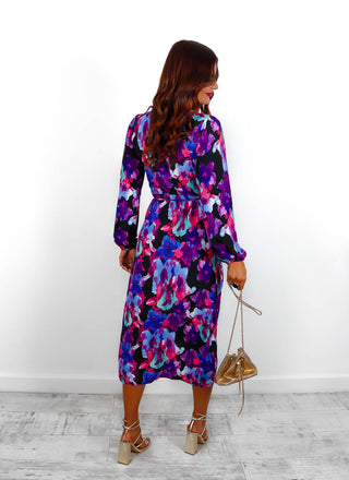 Modern Love - Black Purple Floral Midi Wrap Dress