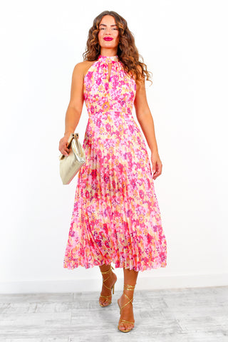 More Than A Woman - Pink Floral Pleated Halter Neck Midi Dress