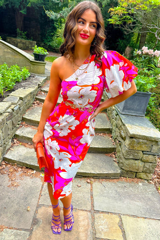 Never Looked Better - Pink Orange Floral One Shoulder Midi Dress