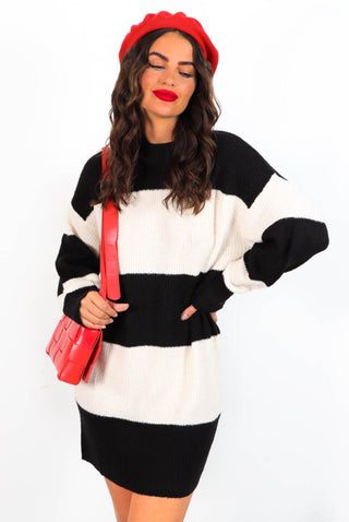 Never Basic - Cream Black Stripe Knitted Jumper Mini Dress
