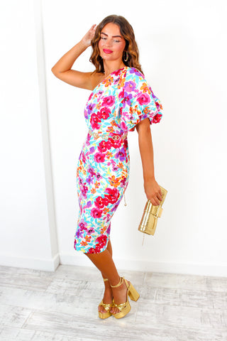 Never Looked Better - Purple Multi Floral One Shoulder Midi Dress