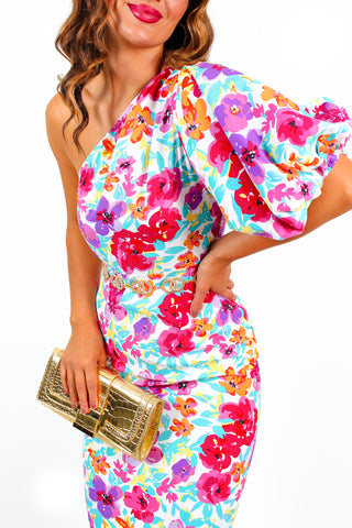 Never Looked Better - Purple Multi Floral One Shoulder Midi Dress