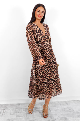 Never Miss A Pleat - Beige Leopard Plunge Pleated Midi Dress