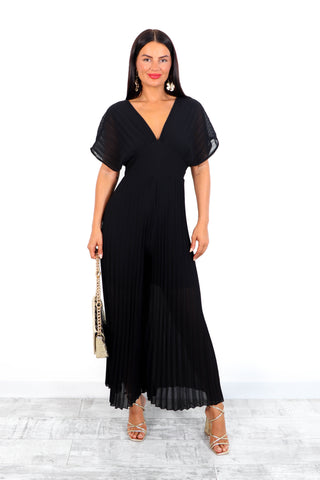 No Mean Pleat - Black Plunge Pleated Jumpsuit