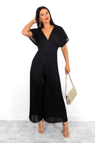 No Mean Pleat - Black Plunge Pleated Jumpsuit