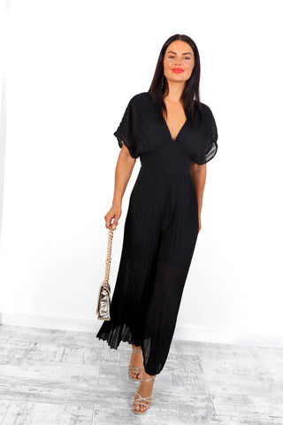 No Mean Pleat - Black Plunge Pleated Jumpsuit