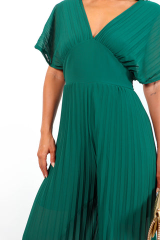 No Mean Pleat - Forest Plunge Pleated Jumpsuit