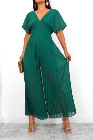 No Mean Pleat - Forest Plunge Pleated Jumpsuit