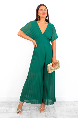 No Mean Pleat - Forest Plunge Pleated Jumpsuit