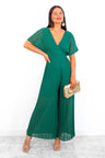 No Mean Pleat - Forest Plunge Pleated Jumpsuit