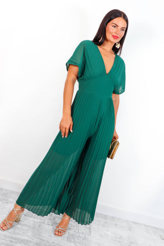 No Mean Pleat - Forest Plunge Pleated Jumpsuit