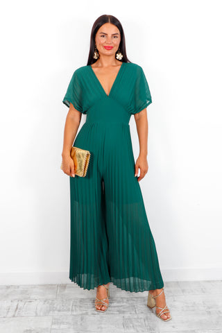 No Mean Pleat - Forest Plunge Pleated Jumpsuit