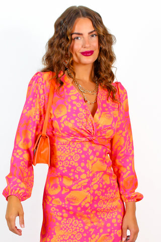 No Regrets - Pink Orange Abstract Twist Front Midi Dress