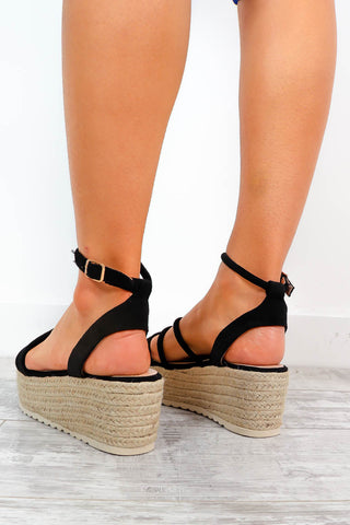 Not An Espadrille - Black Beige Wedge Sandals