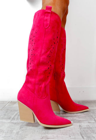Not Easily Suede - Fuchsia Faux Suede Western Cowboy Boots