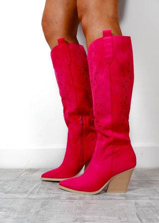 Not Easily Suede - Fuchsia Faux Suede Western Cowboy Boots