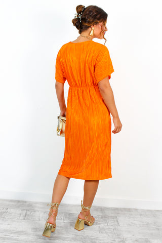 Not My Problem - Orange Plisse Knot Front Midi Dress