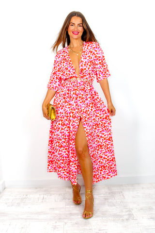 Nothing Bud Love - Red Pink Abstract Leopard Print Midi Dress