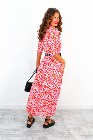 Nothing Bud Love - Red Pink Abstract Leopard Print Midi Dress