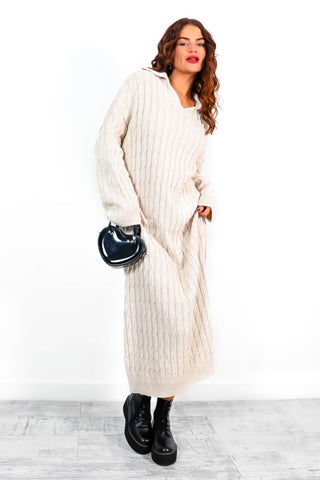 Off The Cable - Oatmeal Cable-Knit Collar Dress