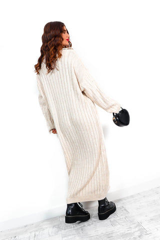 Off The Cable - Oatmeal Cable-Knit Collar Dress