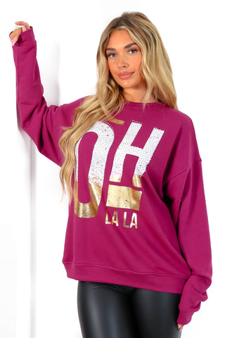 Oh La La - Purple Diamante Metallic Graphic Sweatshirt