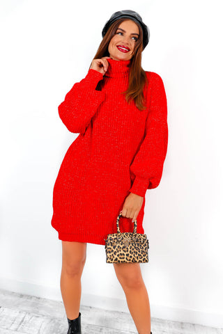 On A Roll - Red Lurex Knitted Jumper Dress