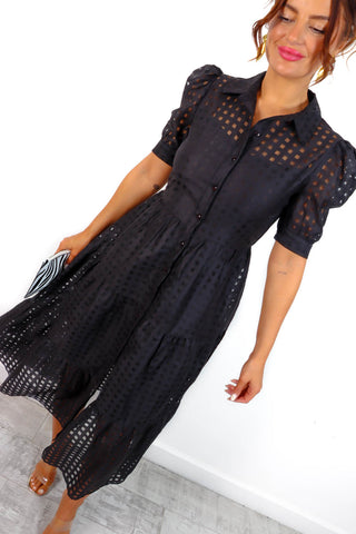 On The Grid - Black Grid Midi Shirt Dress