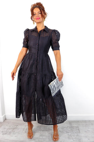 On The Grid - Black Grid Midi Shirt Dress