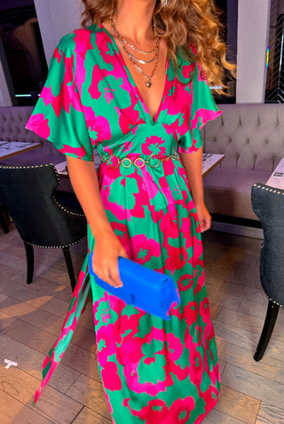 Once In A Lifetime - Green Fuchsia Floral Maxi Dress