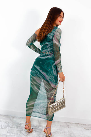 One And Only - Green Tie-Dye Mesh One Shoulder Midi Dress