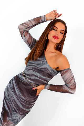 One And Only - Taupe Tie-Dye Mesh One Shoulder Midi Dress