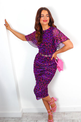 One Last Dance - Purple Leopard Print Mesh Midi Dress