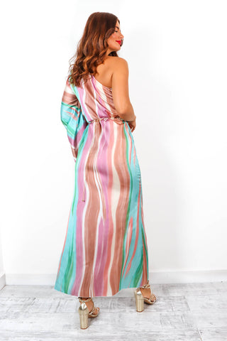 One To Remember - Pink Green One Shoulder Maxi Dress