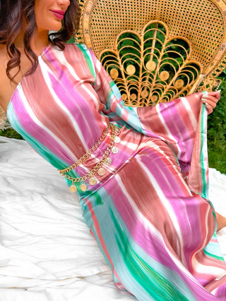 One To Remember - Pink Green One Shoulder Maxi Dress