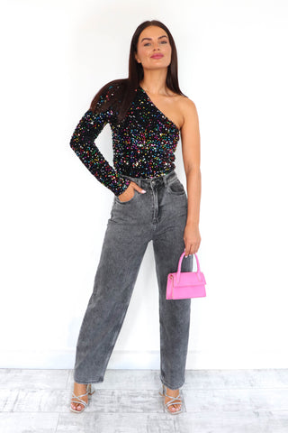 One To Watch - Multi Velvet Sequin One Shoulder Sequin Top