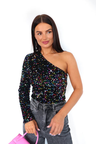 One To Watch - Multi Velvet Sequin One Shoulder Sequin Top