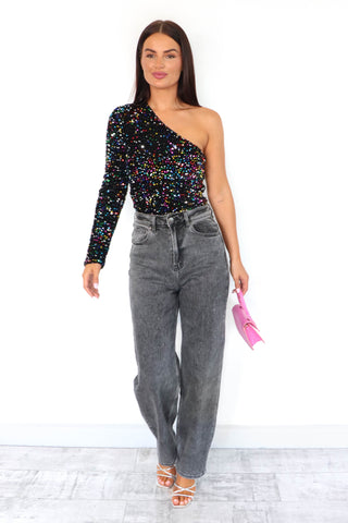 One To Watch - Multi Velvet Sequin One Shoulder Sequin Top