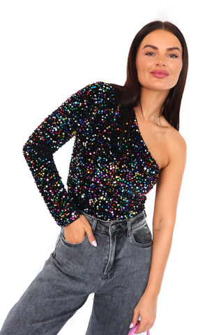 One To Watch - Multi Velvet Sequin One Shoulder Sequin Top