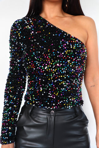 One To Watch - Multi Velvet Sequin One Shoulder Sequin Top