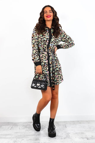 Out My Business - Beige Black Leopard Mini Shirt Dress