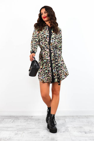 Out My Business - Beige Black Leopard Mini Shirt Dress