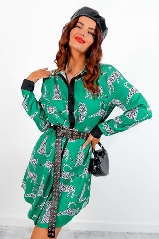 Out My Business - Green Black Cheetah Graphic Mini Shirt Dress