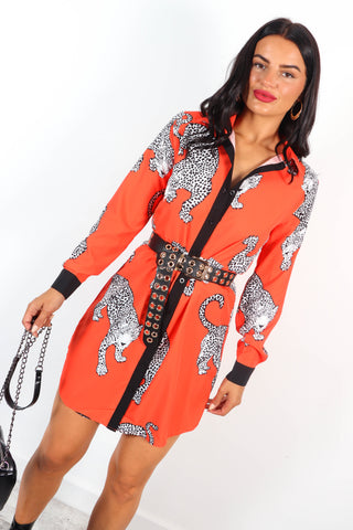 Out My Business - Orange Cheetah Mini Shirt Dress