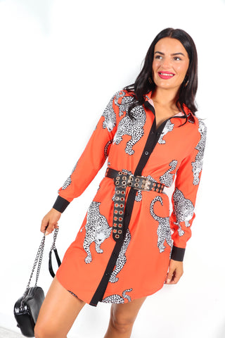 Out My Business - Orange Cheetah Mini Shirt Dress