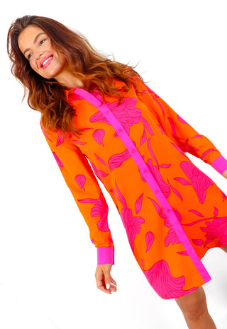 Out My Business - Orange Pink Floral Shirt Mini Dress